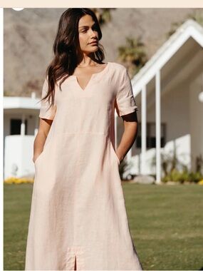Nomad 100%‎ French Linen Peach midi V-Neck dress XS